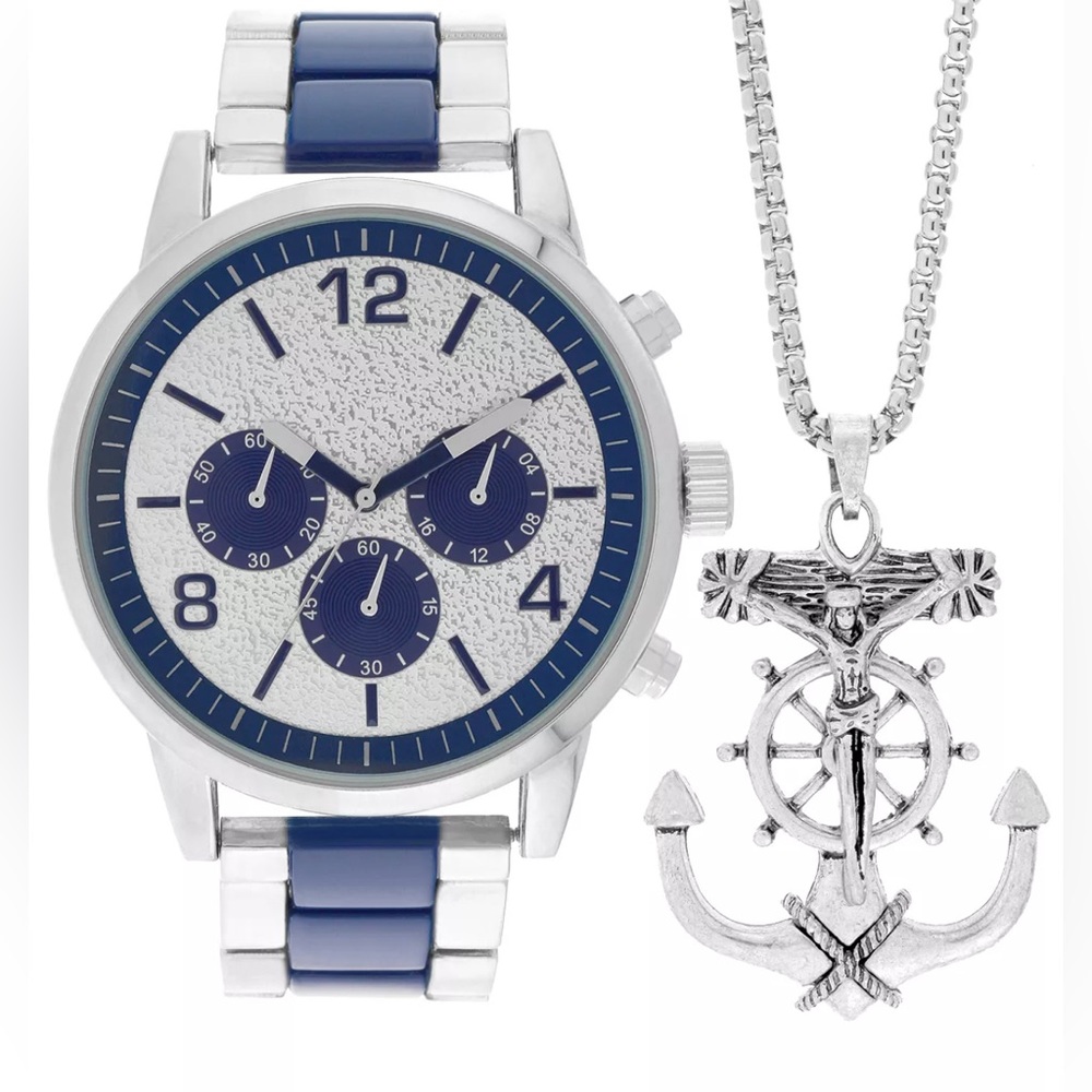 INTERNATIONAL CONCEPTS Men's Blue & SilverTone Bracelet Watch & Anchor Necklace